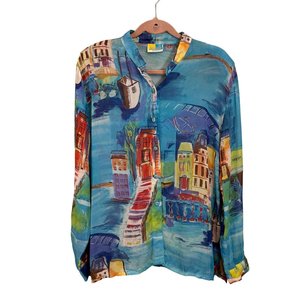 Sea Suns Blouse XL Vintage Vacation Italy Button Up Long Sleeves Blue USA